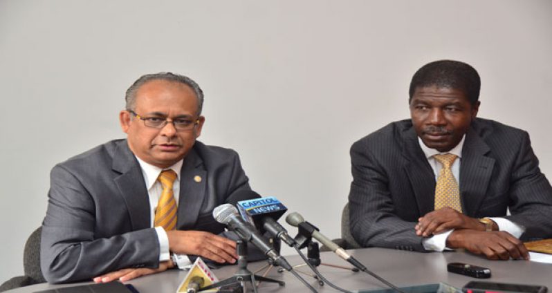 At yesterday’s press conference at the Pegasus Hotel. Seated from left are: OAS Assistant Secretary-General, Ambassador Albert Ramdin, and OAS Country Representative in Guyana, Ambassador Jean Ricot Dormeus