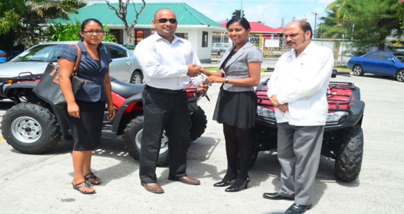 From left, in photo, at the handing over ceremony are a Representative of Region 8; Regional Executive Officer of Region 8 Ronald Harsawack; Director of Regional Services, Dr. Vasha Bachan and Minister of Health, Dr. Bheri Ramsaran