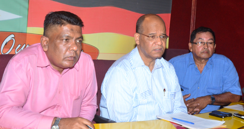 From left, PPP Executive Secretary Mr Zulfikar Mustapha, PPP General Secretary Mr Clement Rohee and PPP Member Mr Bryan Allicock at yesterday’s news conference at Freedom House. (Adrian Narine photo)