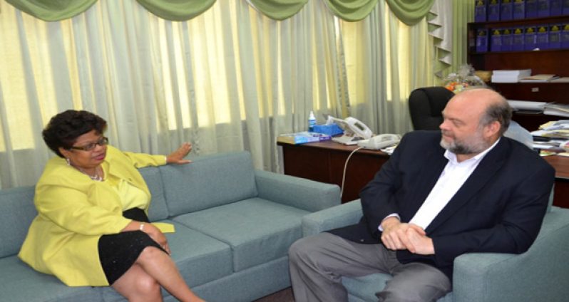 Minister of Social Cohesion, Amna Ally, makes a point to United States Ambassador to Guyana, Perry Holloway, during discussions at her office on Friday (Ministry of the Presidency Photos)
