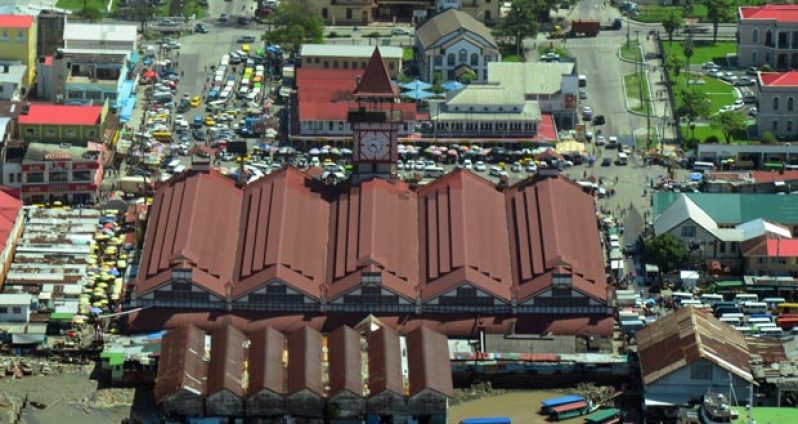 An aerial view of Georgetown showing the traffic congestion in the Stabroek area (Adrian Narine photo)