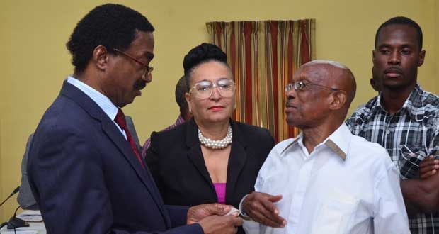 Lawyer Basil Williams, Mayor Hamilton Green and Deputy Mayor Patricia Chase-Green at the Walter Rodney CoI yesterday