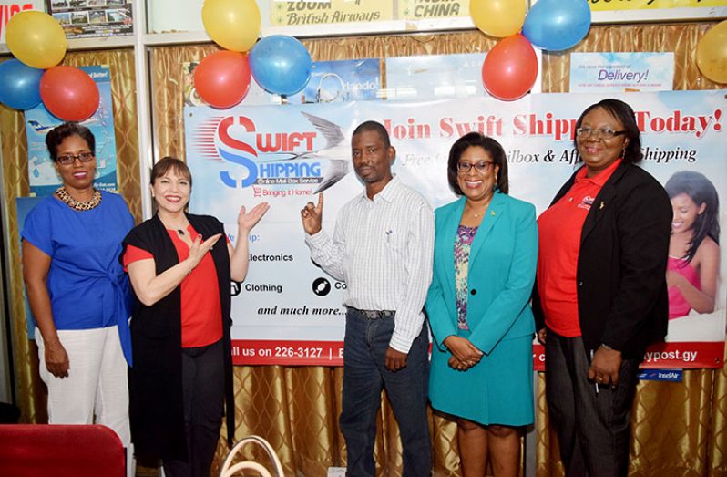 At the launching of GPOC’s ‘online facility ‘Swift Shipping (from left:  Board member, Nicola Trotman; President of PAKYA, Martha Ramos; Board  Member,  Martin Gaul; Minister Catherine Hughes and Post Master General, Ms. Karen Browne.
