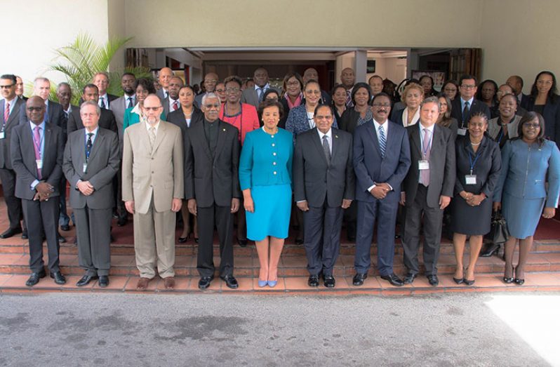 President David Granger, Prime Minister Moses Nagamootoo, Commonwealth Secretary General, the Right Honourable Baroness Patricia Scotland, Secretary General of the Caribbean Community (CARICOM), Ambassador Irwin LaRocque and participants of the Commonwealth, Caribbean Financial Action Task Force (CFATF) and Government of Guyana Workshop for Judges and Prosecutors at the Pegasus Hotel Guyana.
