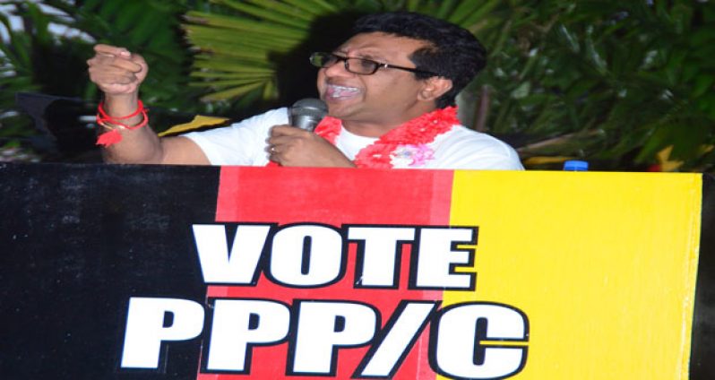 Attorney-General and Minister of Legal Affairs, Anil Nandlall, addressing PPP/C supporters (Adrian Narine photo)