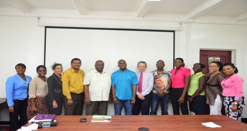 In photo from left are three of the tourism operatives along with Director of Guyana Tourism Authority, Harold Singh; Permanent Secretary of the Ministry of Tourism, Derrick Cummings, General Manager of the Crane Hotel, Sean Alleyne; President of the GTA, Shaun Mc Grath; and Senior Immigration Officer in Barbados, Carlisle Murray at the press briefing yesterday.