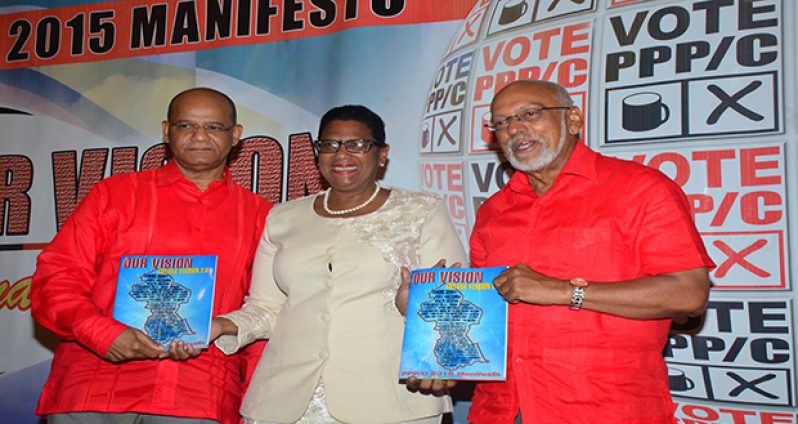 ‘CONFIDENT SMILES’: PPP/C General Secretary, Clement Rohee, with the party’s prime ministerial candidate, Mrs Elisabeth Harper and President Donald Ramotar, yesterday (Adrian Narine photo)