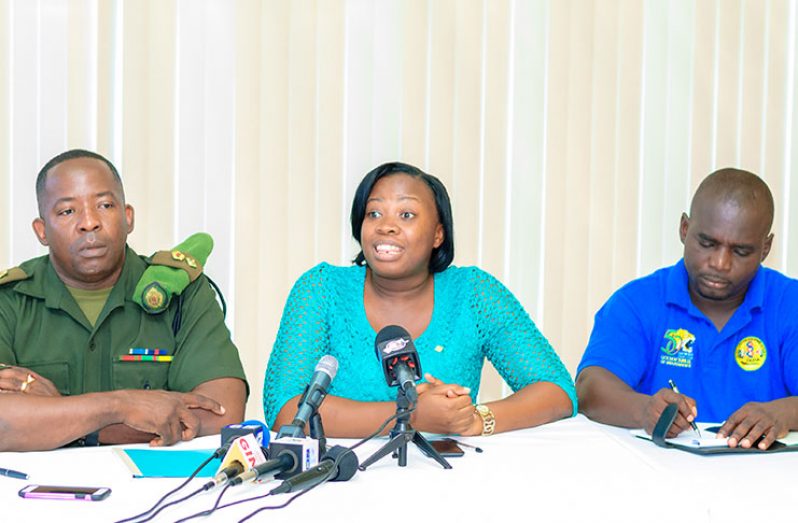 At Monday’s press conference are, from left:Director of Events, Lt. Colonel Godfrey Bess; Director of Youth, Ms Melissa Carmichael,and Senior Livestock Officer, Mr Celwin Anthony