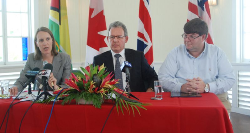 “From left, High Commissioner of Canada to Guyana, Dr. Nicole Giles, British High Commissioner to Guyana, Mr. Andrew Ayre, and US Embassy Charge d’ Affaires, Mr. Bryan Hunt”