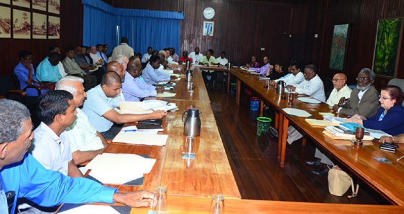 President Donald Ramotar, third right, and senior officials of the Central Government met in a closed-door meeting yesterday with members of the private sector and civil society at the Office of the President (Adrian Narine photo)