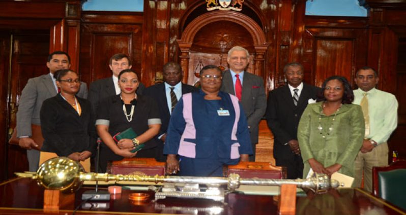 he local and small international delegation present yesterday when Commonwealth Secretary-General, Mr Kamalesh Sharma called on Speaker of the House, Dr Barton Scotland (Photos by Adrian Narine)
