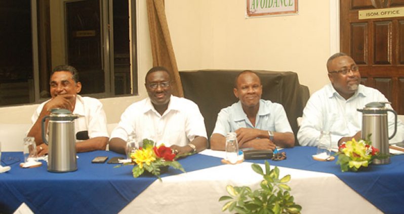 Stakeholders at the City Waste Management Consultation on Solid Waste Management held at Generation Next last week. Seated from left are  Rev. Dil Mohamed of  Kitty Assembly of God;  Rev. Winston Assanah of First Assembly of God;  Rev. Morris Grant, Head of the Guyana Council of Churches; and Rev. Murtland Raphael Massiah, Head of First Assembly of God.