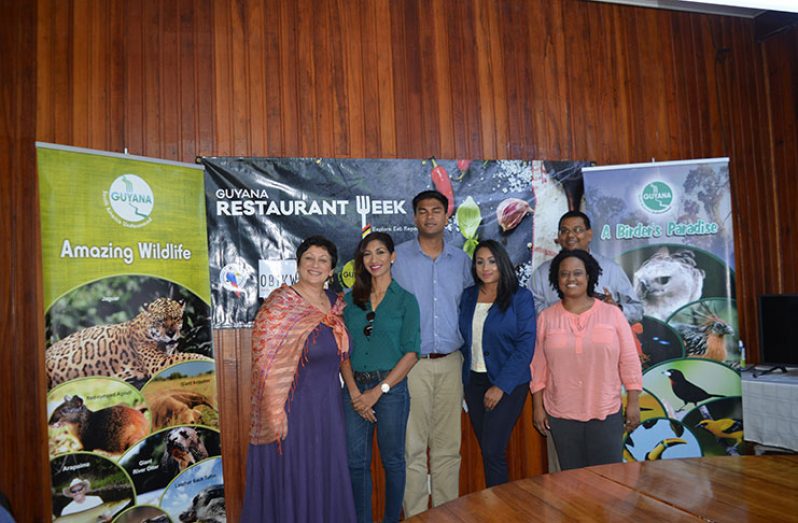 Restaurant Week Planning Team, from left to right: President of THAG Andrea deCaires, Anita Ramprasad, Marketing Manager Kevin Daby, Surida Nagreadi, Executive Director of THAG, Treina Butts, and GTA Director Indranauth Haralsingh at the launch of Restaurant Week (Photo by Sherah Alleyne)