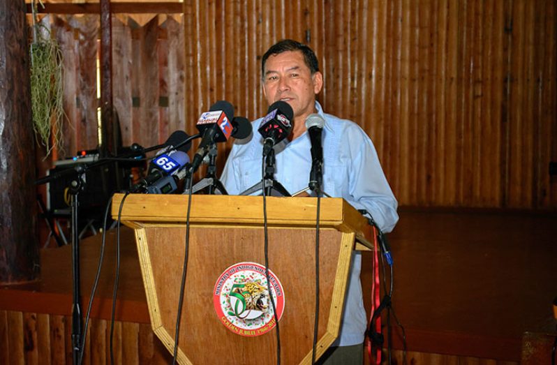 Indigenous People’s Affairs Minister, Sydney Allicock addressing the launch of the Sustainable Development Agreement Framework at Umana Yana on Wednesday