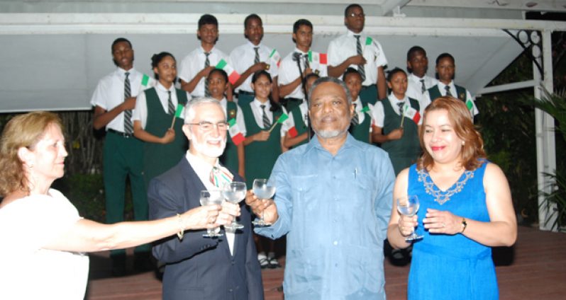 L-R Deputy Head of Mission María-Elena Alcaraz, Mexican Ambassador to Guyana, Francisco Olguín, Prime Minister Samuel Hinds and Minister of Foreign Affairs Carolyn Rodrigues-Birkett during the Independence toast.
