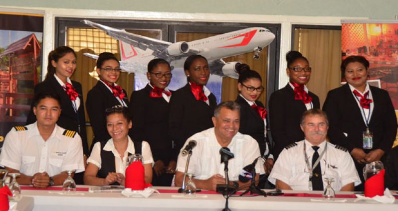 Captain Gerry Gouveia, Captain Debbie Gouveia, CEO of the Roraima Group of Companies, Captain Gerald Gouveia and Dynamic Airlines’ Captain Lawrence Skinner, along with several Guyanese flight attendants