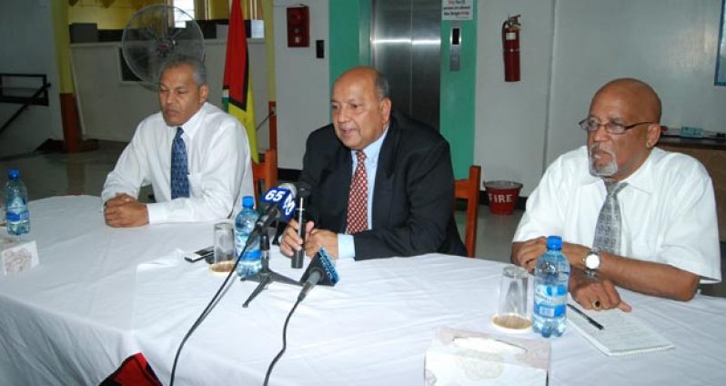 Laparkan & Fogarty’s Chairman Glen Khan, centre, addressing the media yesterday