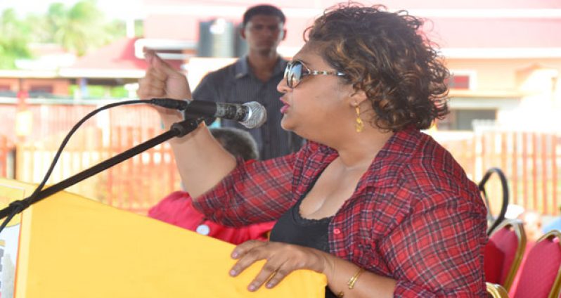 An enthused Priya Manickchand addressing the thousands at Bath Settlement yesterday