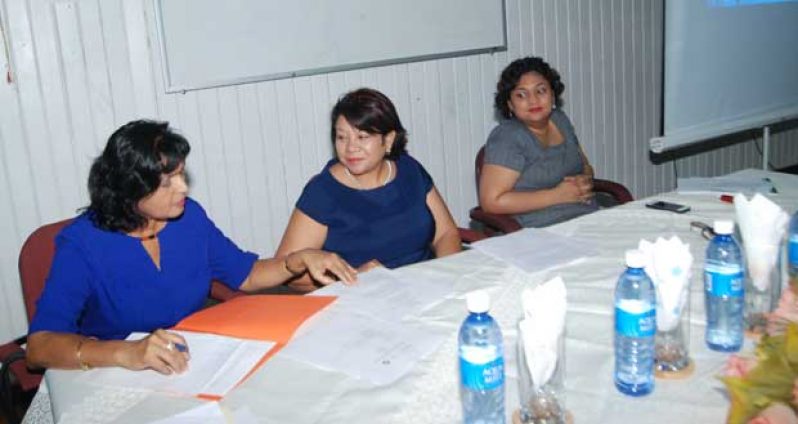 Deputy Chief Education Officer, Doodmattie Singh, (left), Sagicor’s Manager Marlene Chin (centre) and Minister of Education Priya Manickchand (right) yesterday at the launch of Sagicor Visionaries Challenge 2014