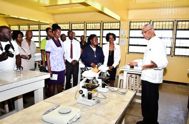 President David Granger makes a point during a visit to the science laboratory at the President's College in September 2017. President's College is one of the schools, which is benefiting from the President's National Endowment for Science and Technology (NEST) programme.