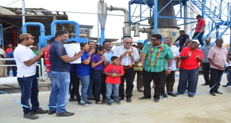 President Donald Ramotar, Tourism Minister Irfaan Ali and Labour Minister Dr. Nanda Gopaul taking part in the opening of the new gasification plant