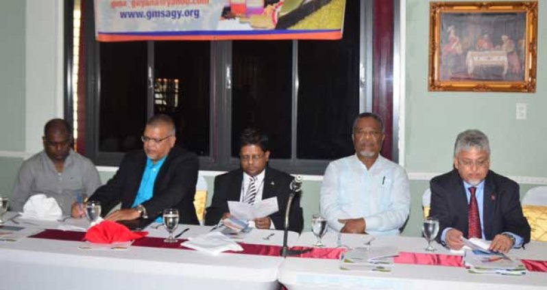 At GMSA’s business luncheon Wednesday. Seated, from left, are Chairman of the Private Sector Commission, Mr. Ramesh Persaud; President of Caribbean Association of Industry & Commerce, Mr. Ramesh Dookhoo; Finance Minister, Dr. Ashni Singh; Prime Minister, Mr. Samuel Hinds; and Trinidad and Tobago’s Minister of Planning and Sustainable Development, Dr. Bhoendradatt Tewarie (Photo by Adrian Narine)