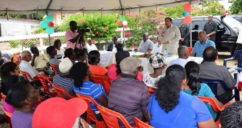 Prime Minister Moses Nagamootoo speaks to the residents of Aurora, Essequibo