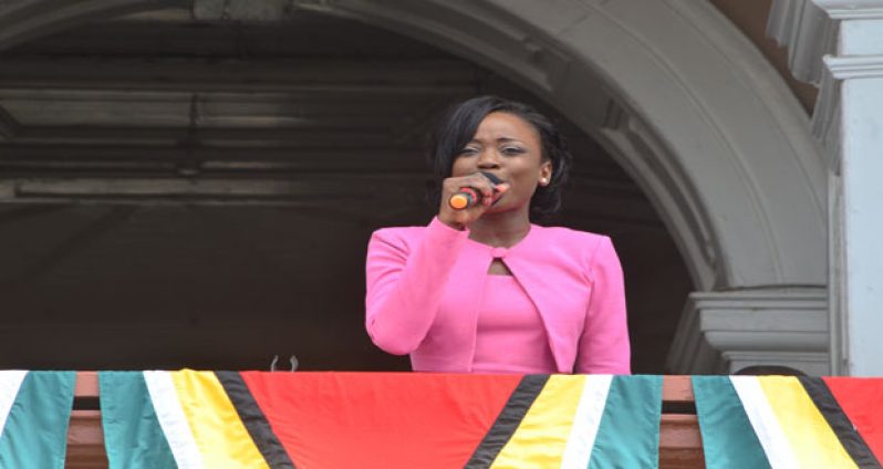 Lisa Punch giving a scintillating rendition of Guyana’s National Anthem at last Monday’s swearing in of this country’s 8th Executive President, Mr David Arthur Granger