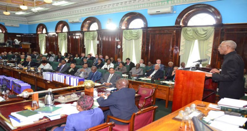 President David Granger addresses the ceremonial opening of Guyana’s 11th Parliament, yesterday (Adrian Narine photo)