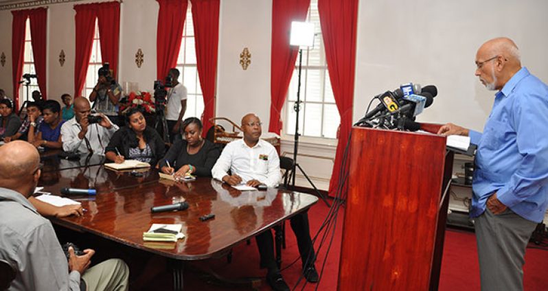 President Donald Ramotar addresses reporters at State House