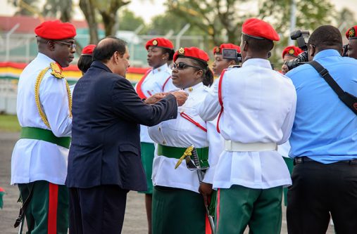 Prime Minister, Moses Nagamootoo decorating a member of the Women’s Army Corps during Tuesday’s
medal presentation at Defence Headquarters, Camp Ayanganna (Samuel Maughn photo