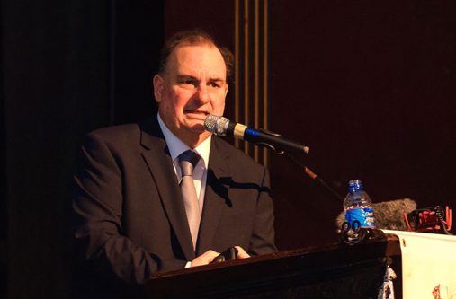 Professor Jorge Manuel Guira , Director of the University of Reading Law School, addresses the audience on Thursday afternoon at the Theatre Guild.