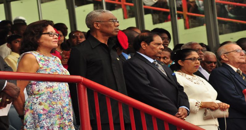 From left are: First Lady, Mrs Sandra Granger, President David Granger, Prime Minister Moses Nagamootoo and Mrs Sita Nagamootoo during the Presidential Inauguration ceremony at the National Stadium