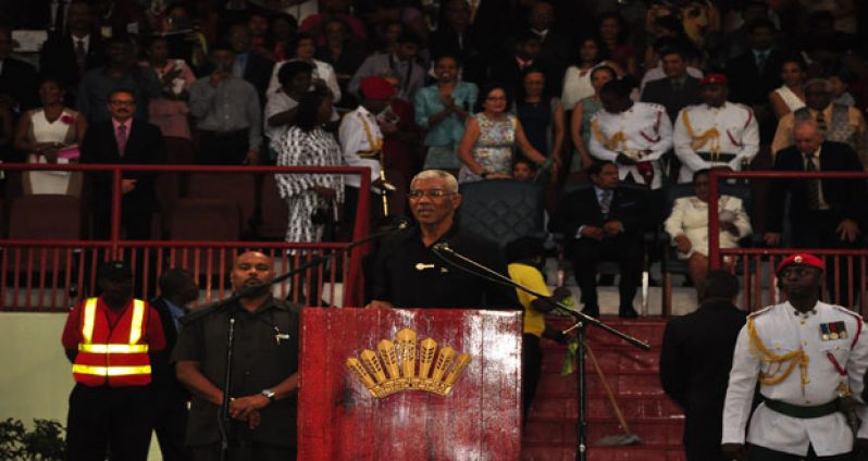 President David Granger addresses the gathering at the Guyana National Stadium, Providence, in the presence of local and foreign dignitaries