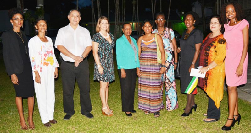 At left, Vice President Dominique Hunter and at extreme right, President Aiesha Scotland; (third and fourth from left – Mr. Marcia De Melo Teixeira and Senora Maritza Perez, along with members of the Guyana Women Artists’ Association