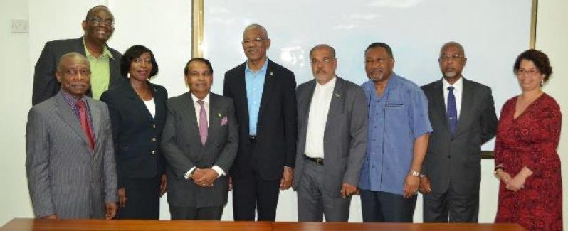 President David Granger (centre), Minister of Foreign Affairs, Mr. Carl Greenidge (far left) and Director General of the Ministry of Foreign Affairs (far right), Mrs. Audrey Waddell with some of the new diplomats.