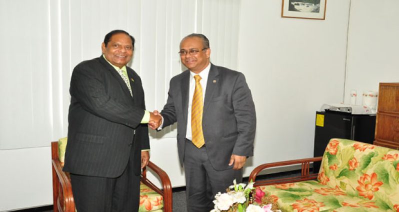 Prime Minister Moses Nagamootoo greets OAS Assistant Secretary-General Albert Ramdin (Photo by Delano Williams)