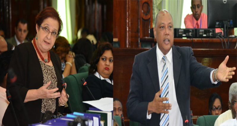 Composite photo shows Opposition Chief Whip Gail Teixeira and Minister Raphael Trotman squaring off on Monday as the process for the passage of budget 2016 began. Teixiera demanded immediate answers to her questions, while Trotman, a former Speaker, argued that when the PPP was in office, the Opposition accepted that some answers could not be provided immediately, but could wait for the answers to be submitted at a later date (Samuel Maughn photos)