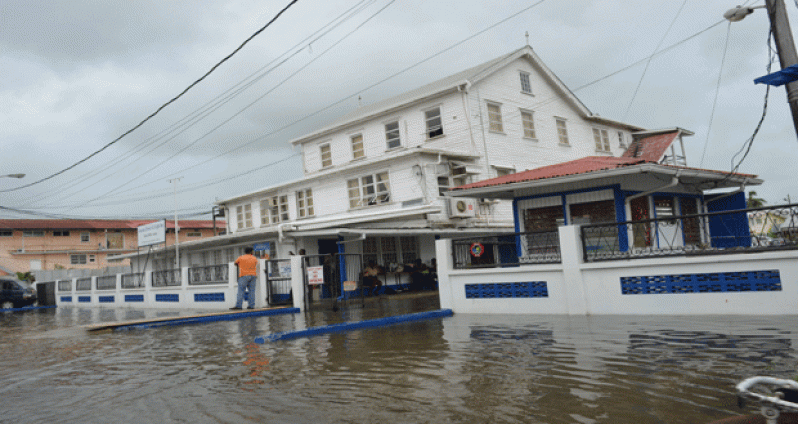 The GPL office on Middle Street surrounded by water on Friday