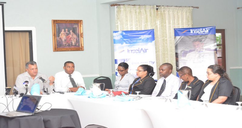 CEO of Roraima Airways, Gerry Gouveia (left) addressing the Media yesterday