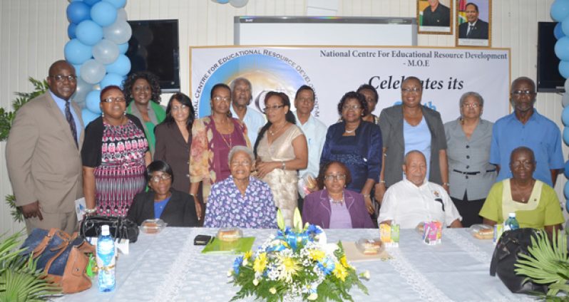 Chief Education Officer, Mr. Olato Sam (left) and other key functionaries of NCERD/Ministry of Education, past and current, as they celebrate NCERD’s 30th Anniversary. Seated second right is the Rev. Raymond Coxall (Photo by Delano Williams)