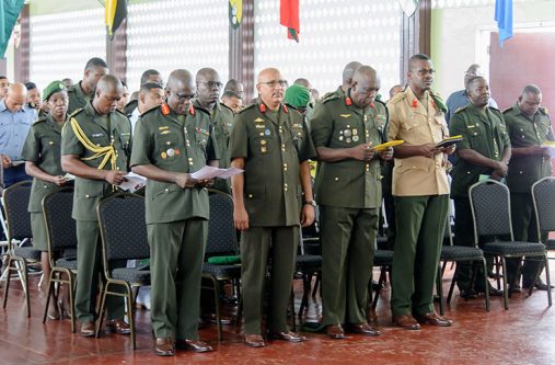 Chief-of-Staff, Brigadier Patrick West, flanked by other senior officers of the GDF on Tuesday