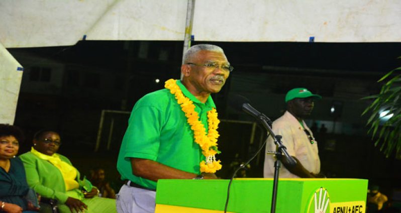 APNU+AFC Presidential candidate, Brigadier (retd) David Granger, delivering his speech at the coalition’s Bartica rally last Sunday evening (Photos by Samuel Maughn )