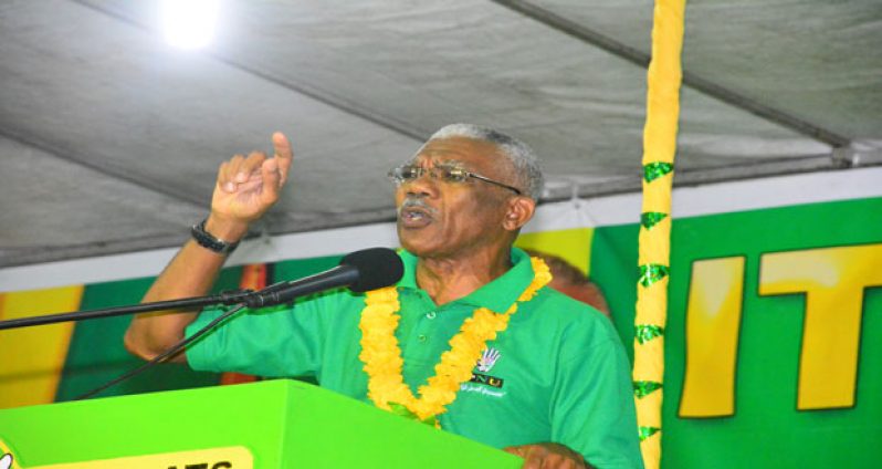 Presidential candidate of the APNU+AFC coalition, David Granger, delivering his speech at the coalition’s Unity Rally last Sunday evening at Bartica.(Photos by Samuel Maughn)