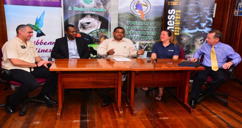 (L-R) Director of Wilderness Explorers, Tony Thorne, Sales Executive, Caribbean Airlines, Dion Inniss, GTA’s Director, Indranauth Haralsingh. Explore Worldwide Trainer, Yvonne Ramsay and THAG’s President Shaun McGrath