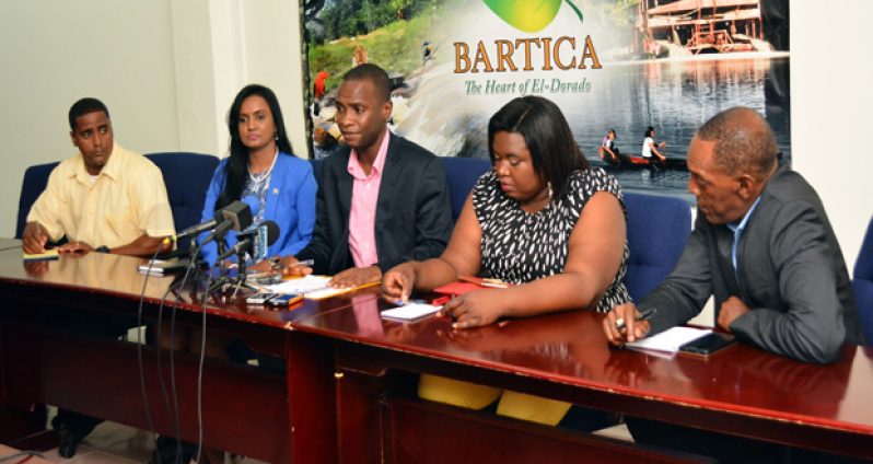 ‘The heart of El Dorado’ getting ready for official township declaration! Bartica town officials at a press conference at Ministry of Communities: (From left to right) Town Councilor Lennox Lyte-Rankin; Deputy Mayor Kamal Persaud; Mayor Gifford Marshall; Cultural Coordinator Odessa Primus; and Events Manager Ervin Washington (Photo by Samuel Maughn)