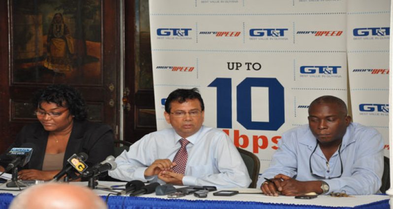 Presiding over the announcement ceremony yesterday are, from left, GT&T’s Public Relations Officer, Allison Parker; CEO, RK Sharma; and Engineer, Russel Davis