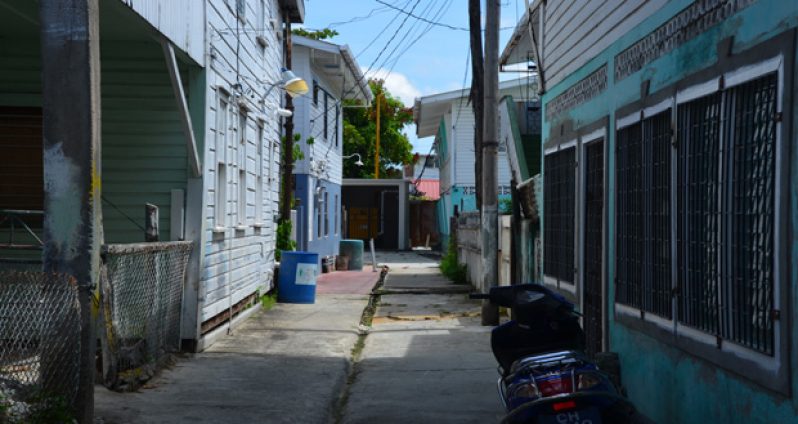 A view of the passageway which is aligned by houses, leading down to the back where the medical waste is being disposed of.