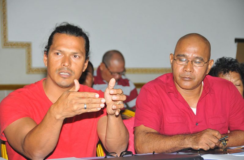 Chairman of the National Toshaos Council (NTC) Joel Fredericks (right) and Vice-Chairman Lenox Shuman at the press briefing on Friday