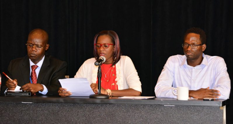 Speakers at the SASOD media-debriefing session at the Guyana Marriott Hotel on Wednesday. From left are Dr. Martin Oudit, UN Country Coordinator; Ms. Schimel Patrick, Advocacy and Communications Officer; Joel Simpson, Managing Director of SASOD